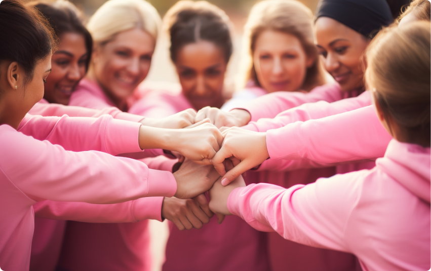 Women in circle wearing pink with hands in